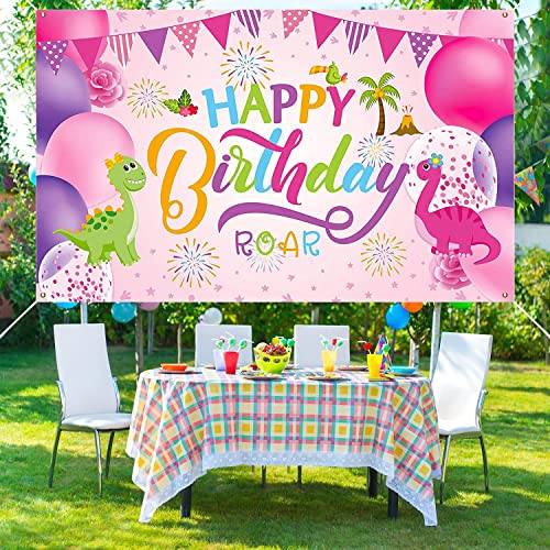 Dinosaur Birthday Backdrop Banner - Pink Photo Background for Girls