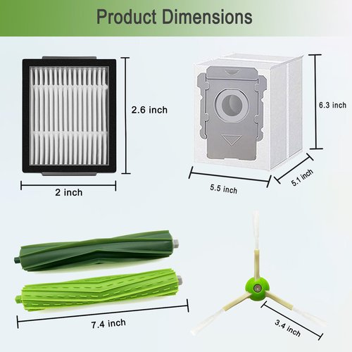Replacement Parts for iRobot Roomba i3 i3+ i7 i7+ i4 i4+ i5 i5+ j5 j5+J7 i2 i6 i6+i8 i8+/Plus E5 E6 E7 I & E & J Series Vacuum Cleaner,2 Set Rubber Brushes,8 Filters,8 Side Brushes,6 Bags