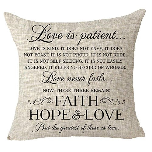 Love Is Patient Kind Motivational Throw Pillow Cover, 18x18 Cotton Linen
