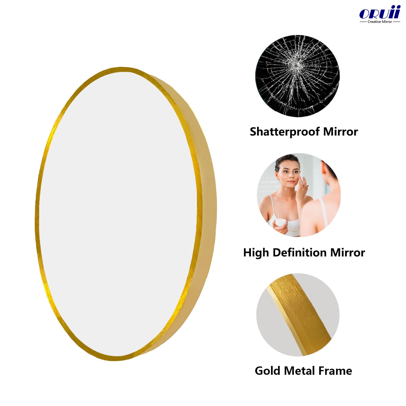 Oruii Gold Round Mirror, Gold Round Mirror 24 inch, Circle Wall Mirrors Metal Frame, Golden Circular Mirrors for Wall, Living Room, Bathroom, Entryway, Vanity, Hallway.