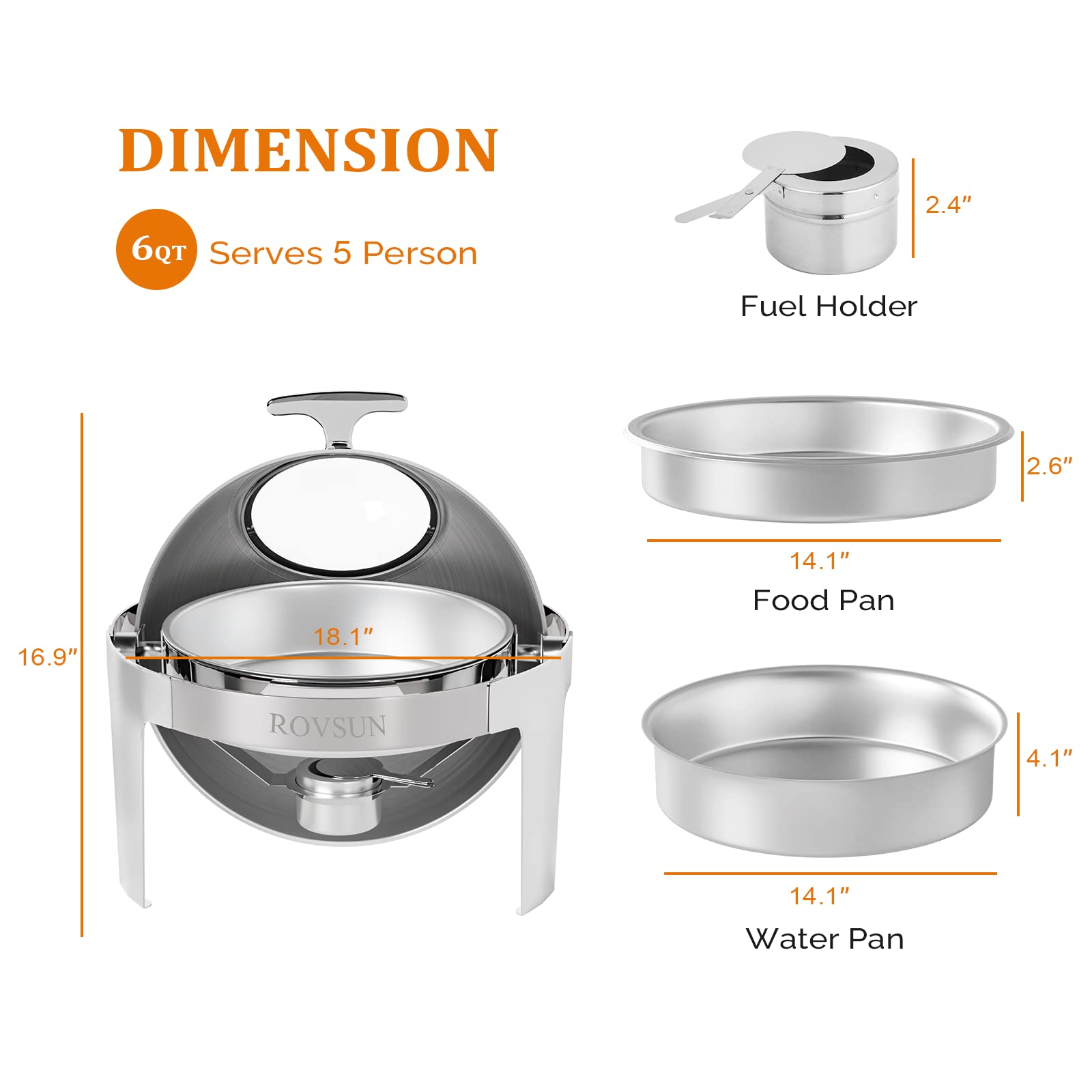 ROVSUN Roll Top Chafing Dish Buffet Set,6 QT Round Stainless Steel Chafer for Catering,Buffet Servers and Warmers Set with Glass Window for Weddings Party