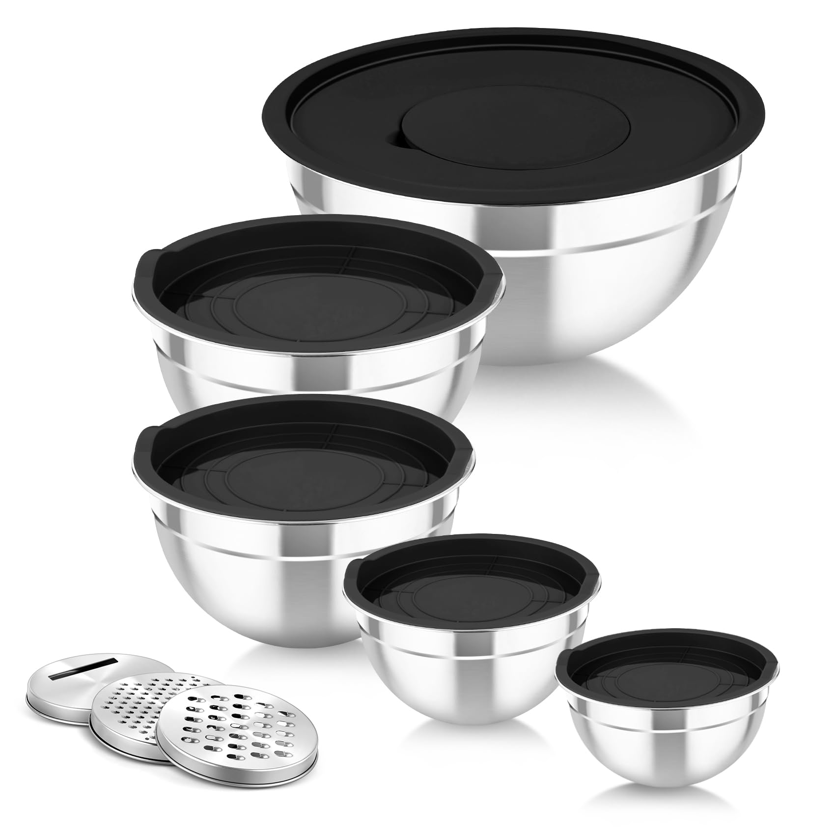 TeamFar Mixing Bowls with Airtight Lids, 5PCS Stainless Steel Metal Salad Bowl with 3 Grater Attachments, for Cooking, Prepping, Serving, Healthy & Easy Clean - 0.7/1/1.5/2.6/4.6QT, Black