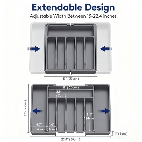 BUKMVKU Expandable Large Silverware Tray For Drawer Organizer, Kitchen Cooking Utensil Drawer Organizer For Spoons Forks Knives, Adjustable Cutlery Flatware Holder 13"-22.4" X 14.7" X 2" (Gray)
