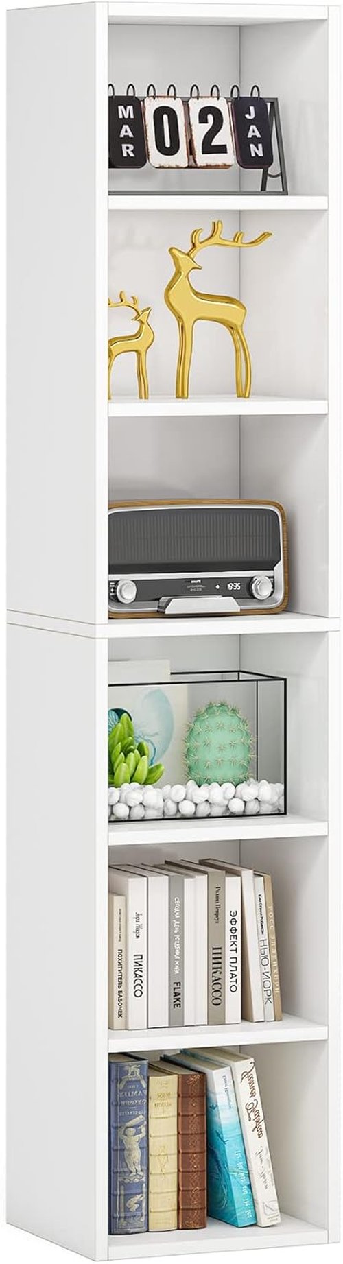 Little Tree 70.9-Inch Tall Narrow Bookcase - 6-Tier Corner Shelf Storage Organizer in White