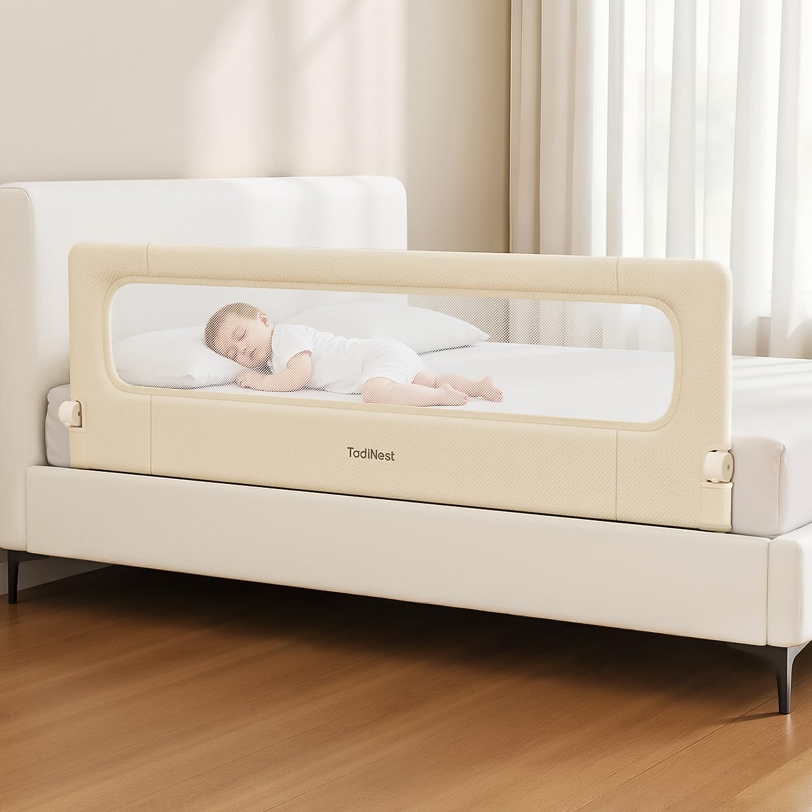 TodiNest Folding Bed Rail for Toddlers, Baby Bed Rail Guard with Reinforced Anchor Safety System, Toddler Bed Rails for King Size Beds, Twin, Full, Queen (Khaki, 71" L x 21.6" H)