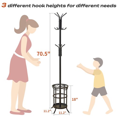 GHWIE Freestanding Coat Rack Stand with Umbrella Holder and Hat Hanger Organizer Rack