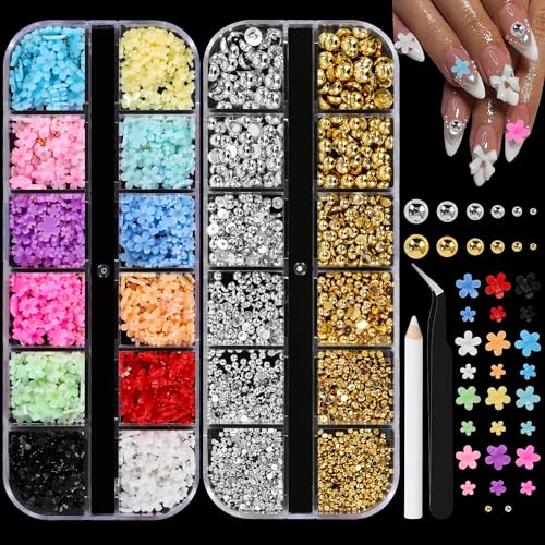 AIPULIDUO 4-Box AB Rhinestones & Pearls Nail Art Kit with Tweezers