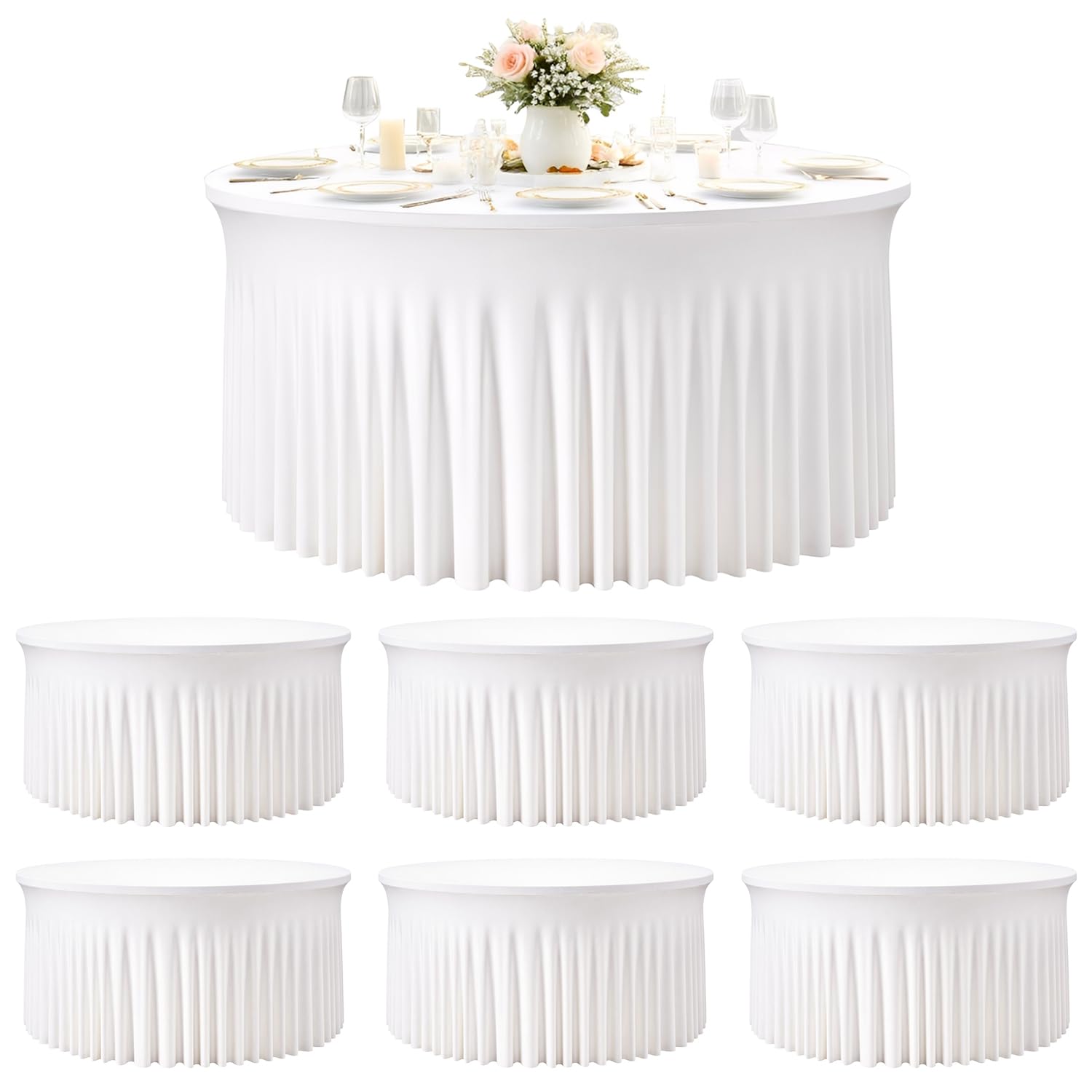 6 Pack White Round Tablecloths for 5 FT Round Tables, Stretchy Spandex Fitted Tables Cloth with Table Skirt, Wrinkle Free Table Cover Stitch Circle Tablecloth for Party Wedding Birthday Outdoor Events