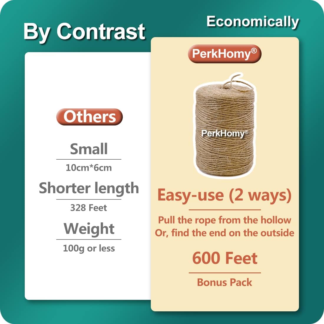 PerkHomy Natural Jute Twine - 600 Feet Long String for Crafts, Gift Wrapping & Gardening (Brown, 2mm)