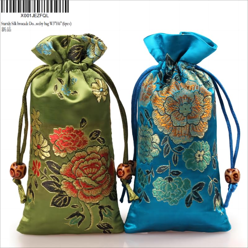 Silk Brocade Drawstring Pouch Set - 6pcs Jewelry & Gift Bags