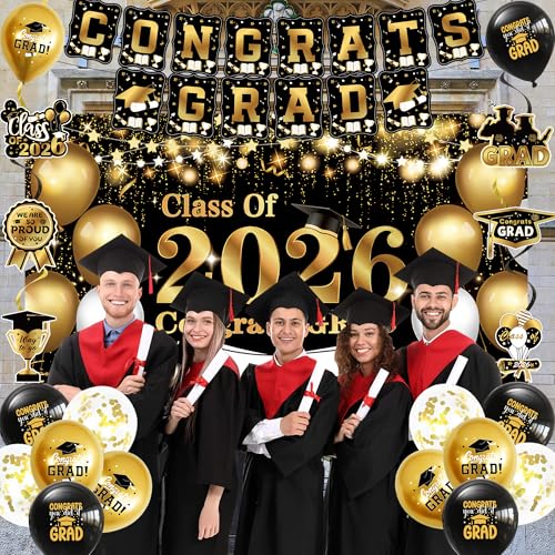 Black and Gold Class of 2026 Graduation Party Decorations Set (25 Pieces)