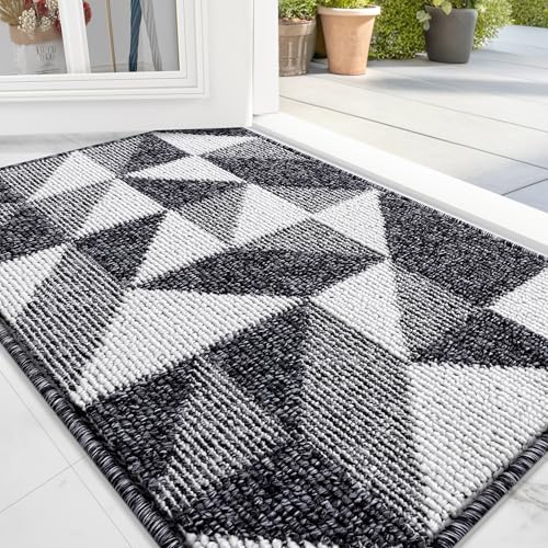 OLANLY Indoor Door Mat, 32x20 Geometric Low-Profile Entrance Rug, Black
