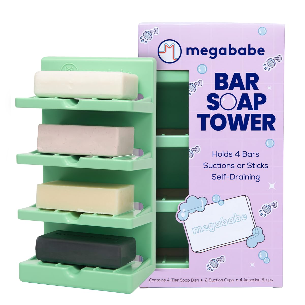 Megababe 4-Tier Bar Soap Tower | Holds 4 Bars | Suctions or Sticks | Self-Draining