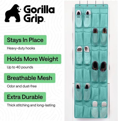 GORILLA GRIP Over The Door Shoe Organizer - 24 Large Breathable Mesh Pockets | Space-Saving Storage in Turquoise