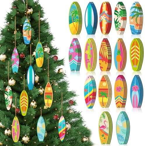 Christmas Wooden Hanging Ornaments Set - Beach & Surfboard Design, 36 Pieces with Twine - Holiday Decor