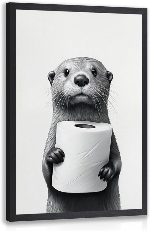 LLEEMPI Otter Toilet Paper Wall Art - Modern Minimalist Black & White Canvas Print | 12x16 Inch Framed Decor