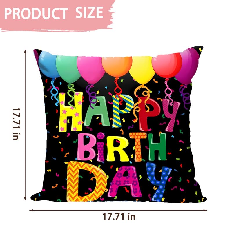 Happy Birthday Throw Pillow Cover 18x18 Inch - Black Balloon Design, Gift for Kids & Teens - Sisadodo