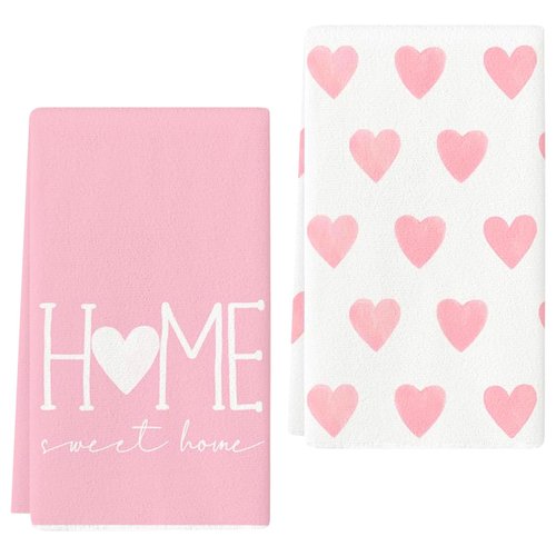 MEYUEWAL 2PCS Pink Heart Love Home Sweet Home Valentine's Kitchen Towels Dish Towels for Wedding Party Anniversary Valentine's Day (16.5x23.6 Inch)