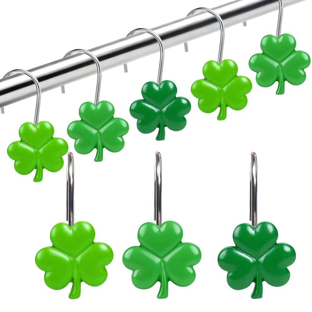 BAISDY 12pcs St Patricks Day Shower Curtain Hooks Irish Shamrock Curtain Rod Rings Curtain Hanger Hooks