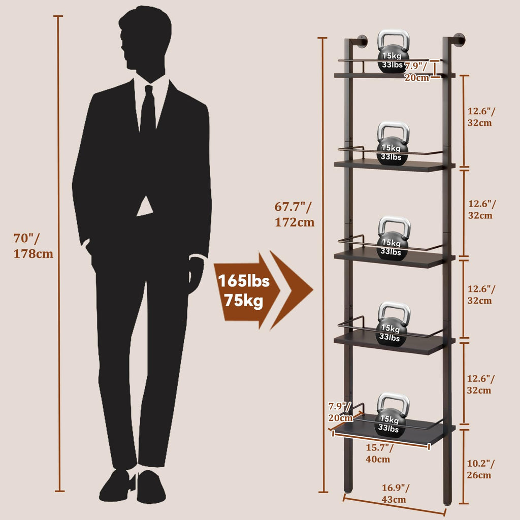 YMYNY 5-Tier Freestanding Wine Racks，Liquor Bottle Display Shelf with Fences, Wall Mounted Floating Shelf Storage Stand for Kitchen, Dining Room, 16.93" L x 7.87" W x 69.68" H Black UHWR001B