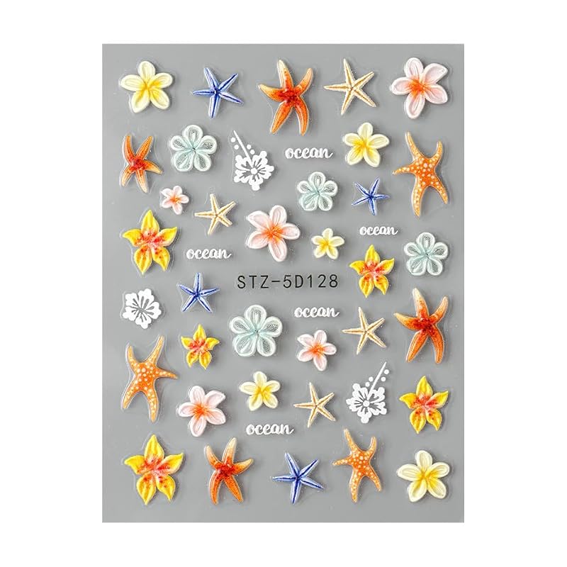 5D Embossed Ocean Nail Art Stickers - Summer Marine Starfish & Flowers