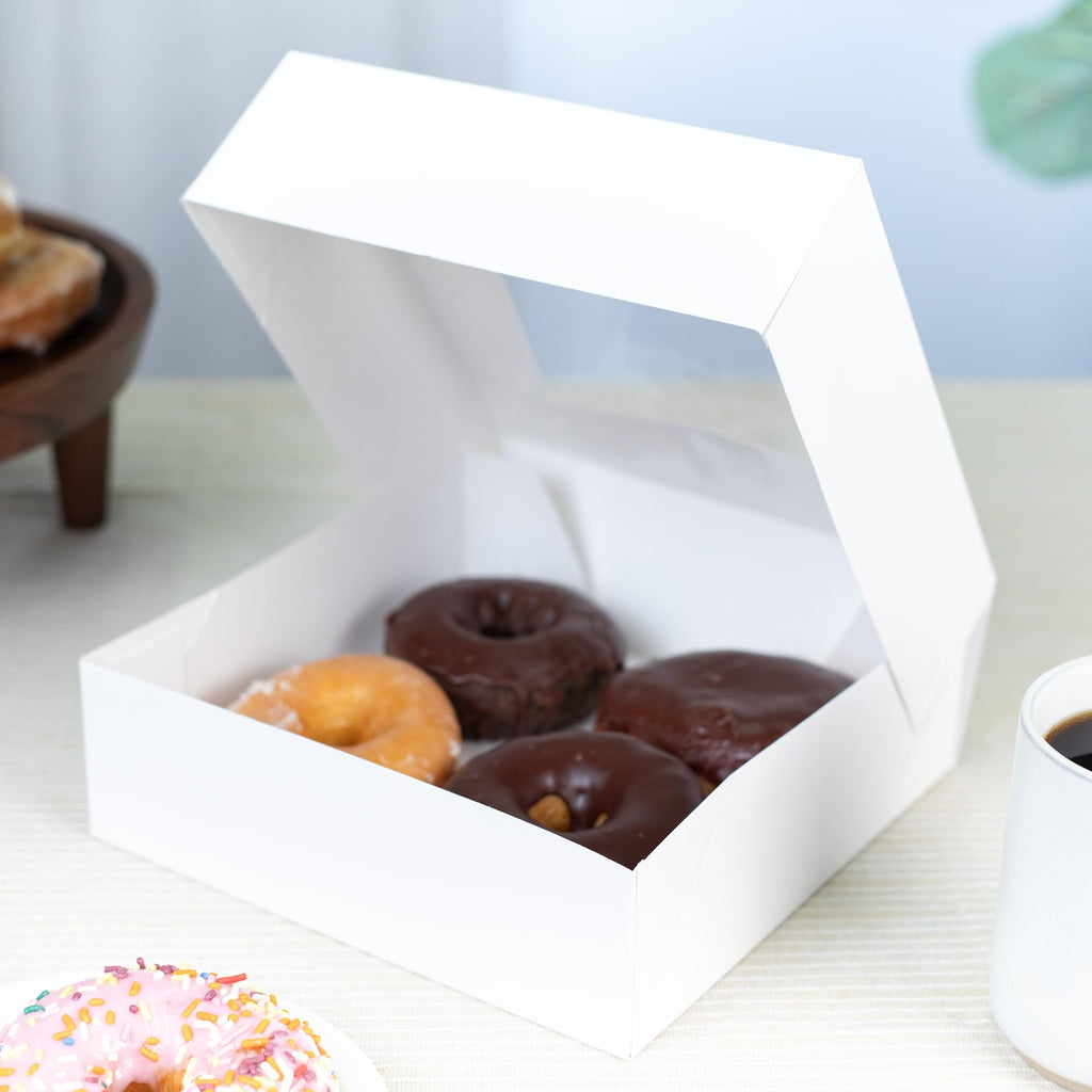 SCT White Window Bakery Boxes with Attached Flip Top, 4-Corner Beers Design, 8 x 8 x 2.5, White, Paper, 200/Carton