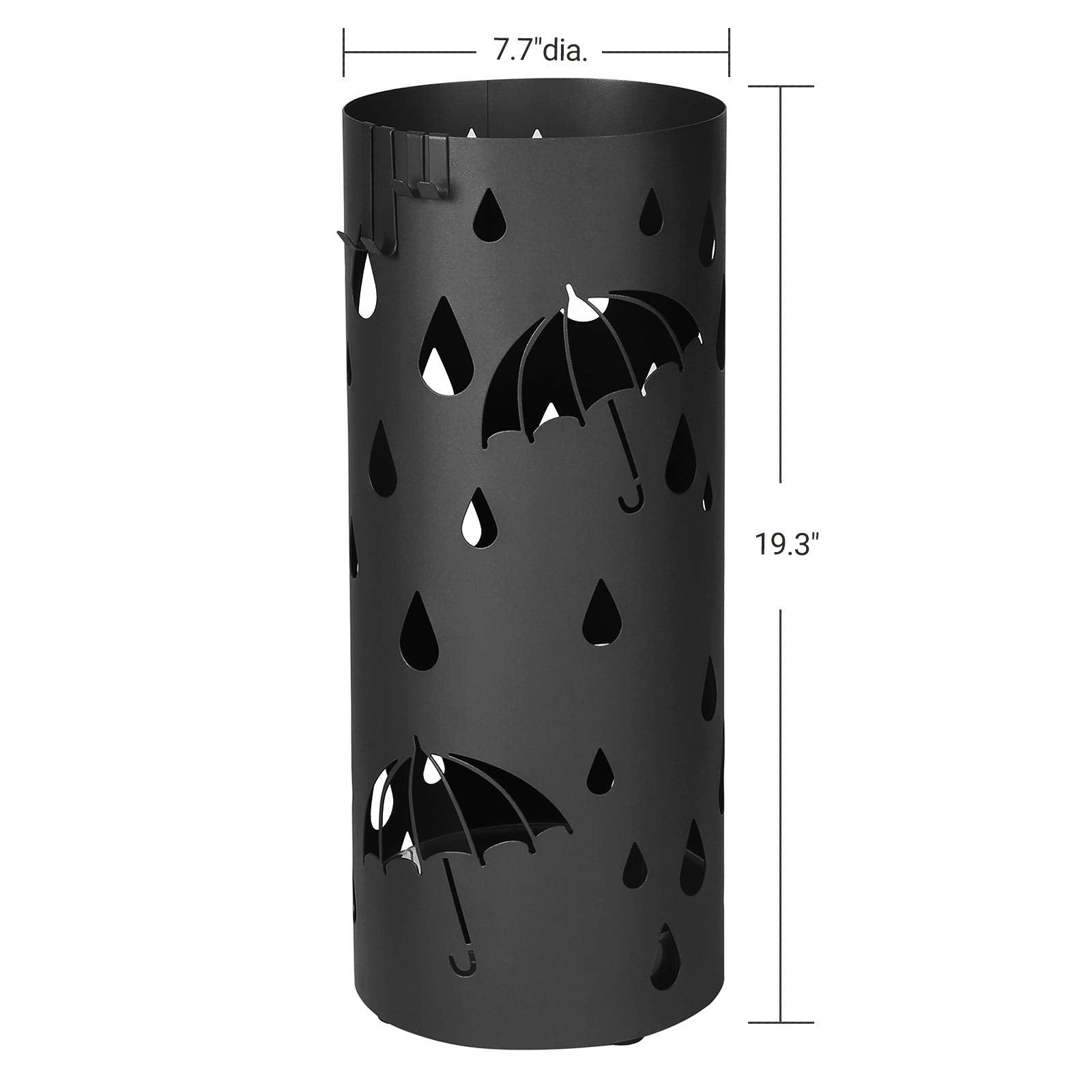 SONGMICS Umbrella Stand, Metal Umbrella Holder for Entryway, with Water Tray and 4 Hooks, 7.7 x 7.7 x 19.3 Inches, Round, Ink Black ULUC23B