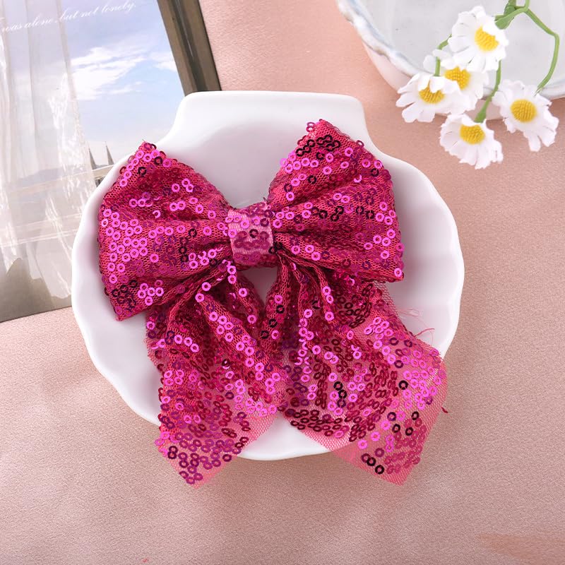 Pliwcas Hot Pink Glitter Hair Bow Clip for Women and Girls