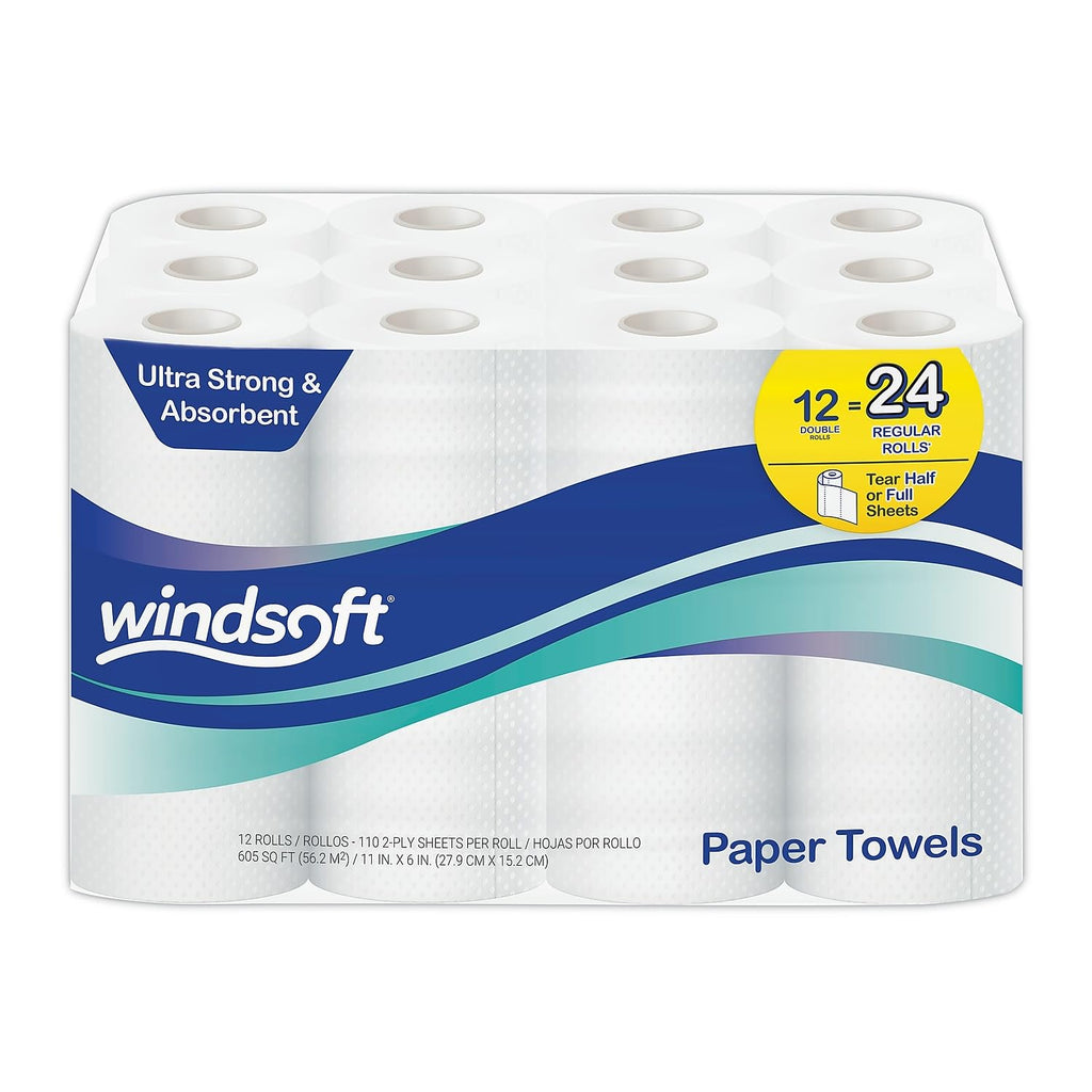 Windsoft Premium Paper Towels - 12-Pack Double Rolls | 110 Sheets Per Roll, 2-Ply, Enhanced Absorbency