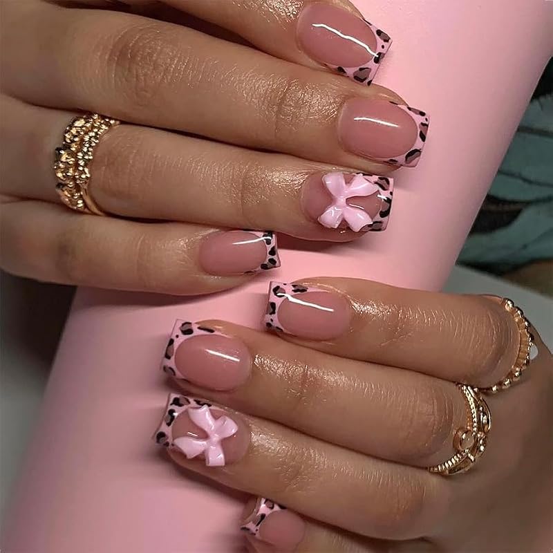 Leopard Print French Tip Press on Nails with Bow & Rhinestones