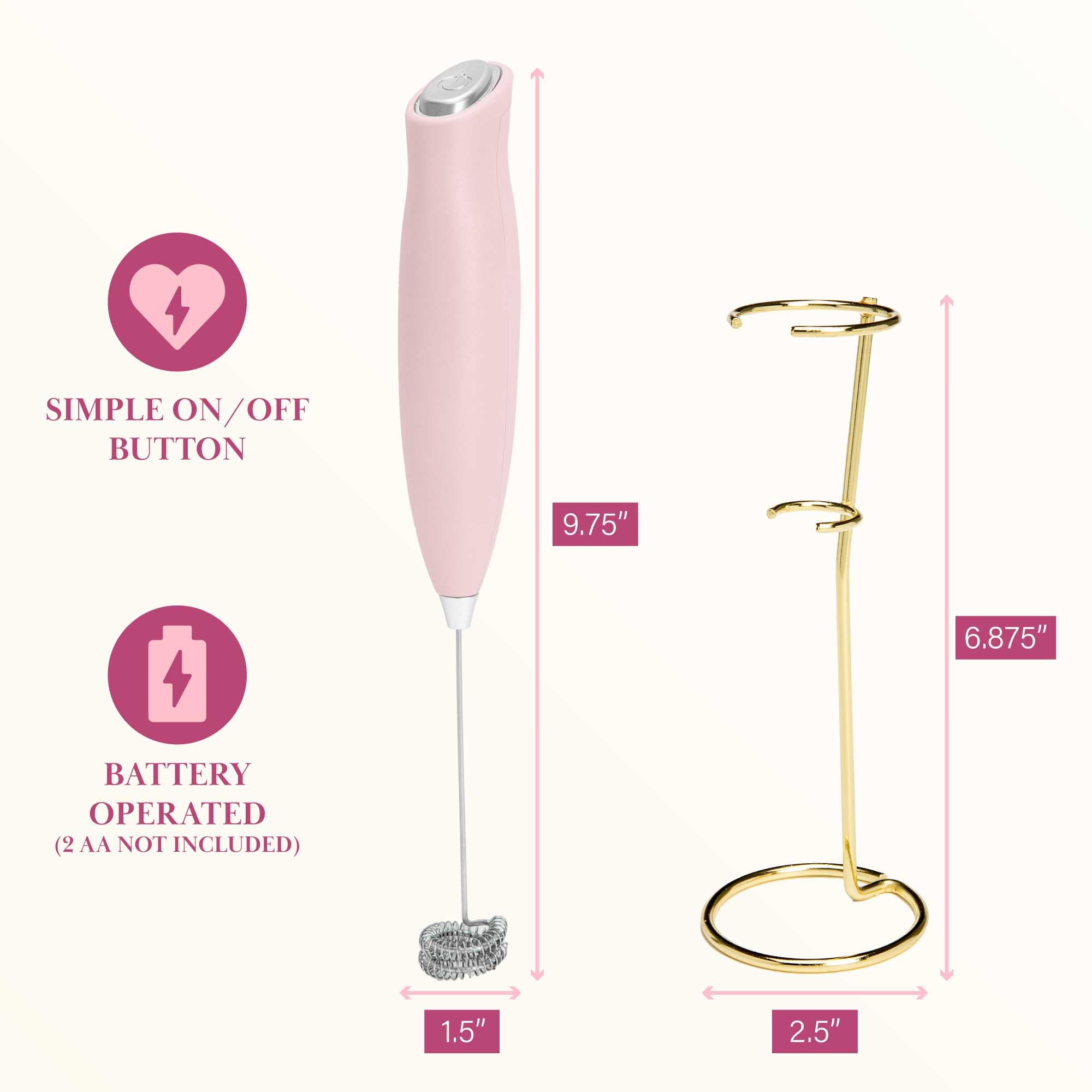Paris Hilton Electric Handheld Milk Frother with Double Coil Head Whisk and Gold Metal Stand, Battery Powered (2 AA Batteries Required but Not Included), Pink
