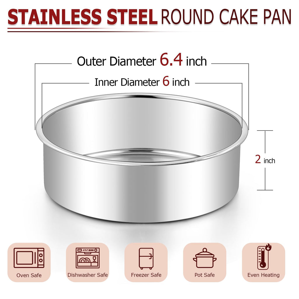 LIANYU 6 Inch Round Cake Pan, Stainless Steel Baking Layer Cake Pan Tin, Heavy Duty Metal Round Tier Baking Tins, 2In Tall, Oven & Dishwasher Safe