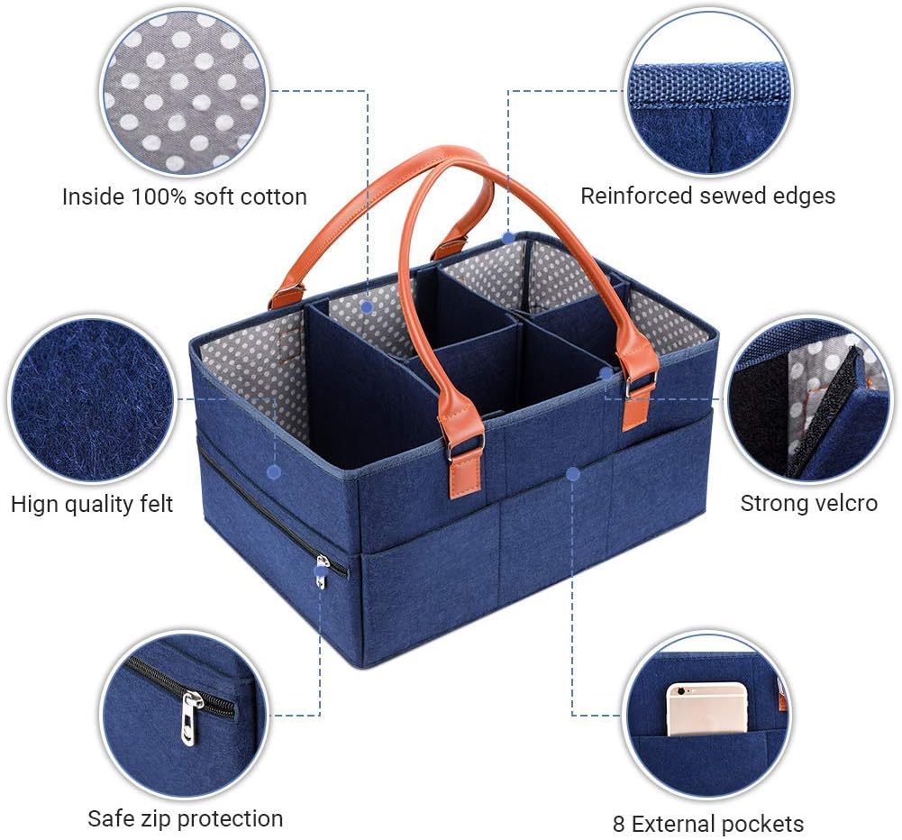 Marhynchus Large Portable Nappy Storage Basket - Felt Fabric Baby Diaper Caddy with Detachable Divider | Navy for Nursery & Travel