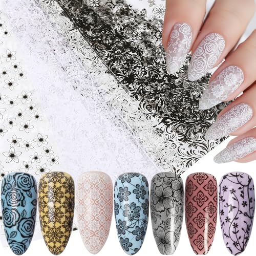Lace Nail Foil Sheets Black White Floral Transfer Stickers 10 Rolls