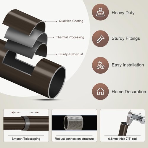 Bronze Curtain Rods for Windows 48 to 84 Inches Adjustable Length Heavy Duty 7/8" Diameter Brown Window Curtain Rod with Decorative Finials for Outdoor Farmhouse Bedroom Kitchen Living Room