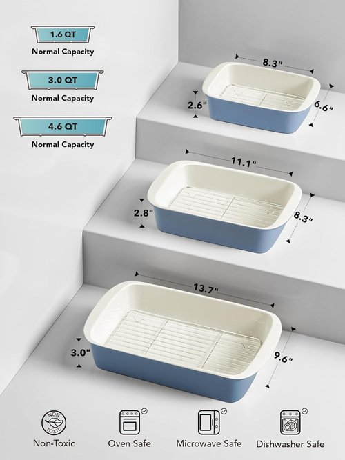 LE TAUCI Ceramic Baking Dish Set - Large Deep Casserole Dishes with Handles | Dusty Blue, 3-Piece Set (4.6QT/3.0QT/1.6QT)