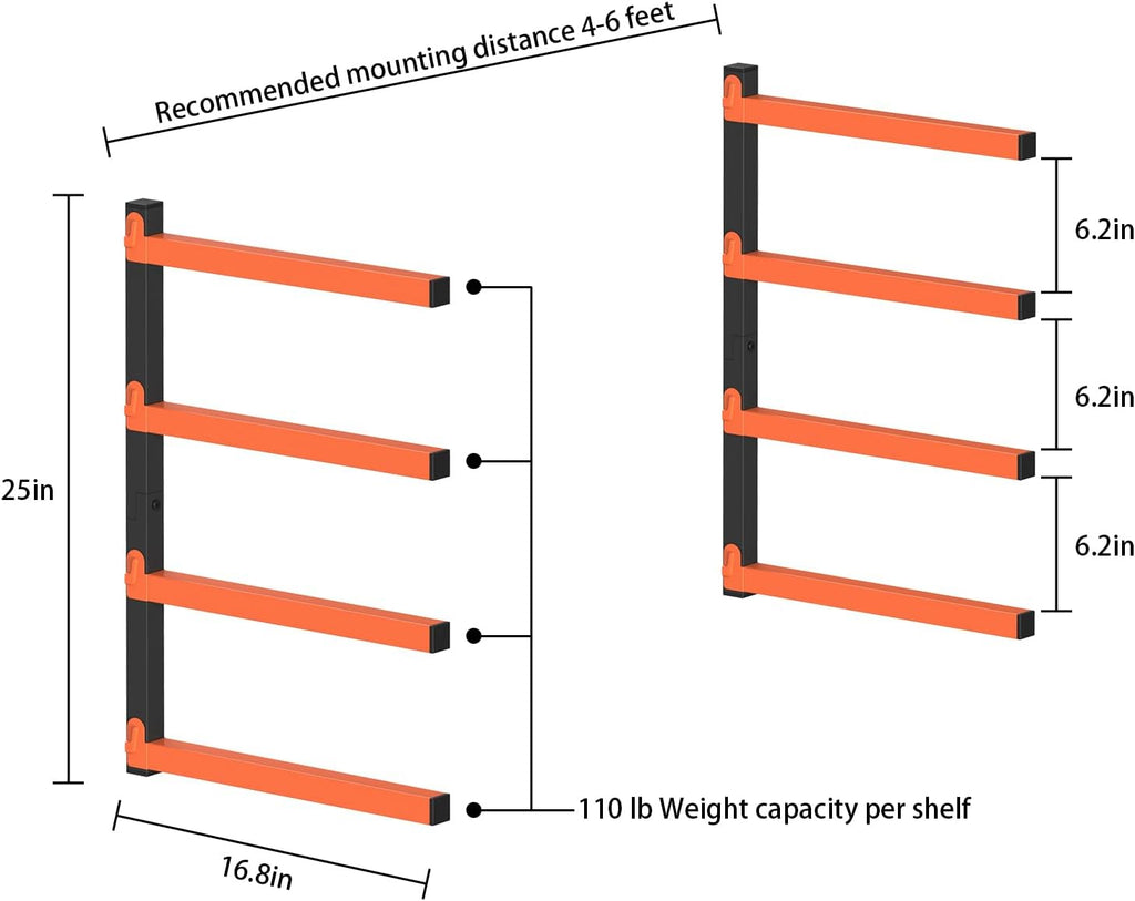 PINPON Heavy Duty Wall Mount Lumber Storage Rack - 4-Level Wood Organizer with 16.8” Arms, 110 lbs Capacity, Black & Orange