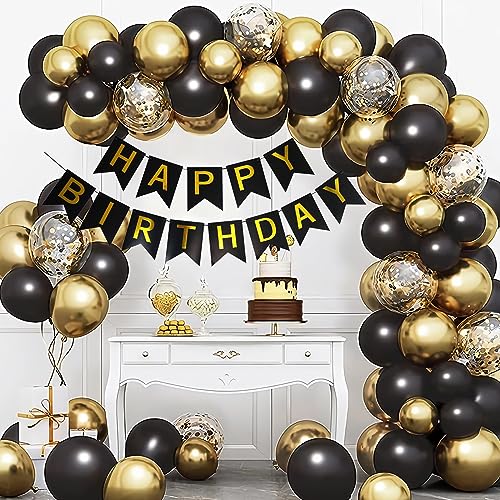 Happy Birthday Banner Set - Black & Gold Party Decor for All Ages