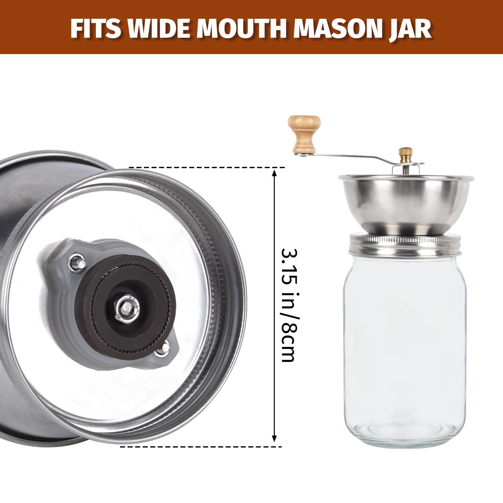 Mason Jar Coffee Grinder, Manual Coffee Grinder Lid Attachment for Wide Mouth Mason Jars, Stainless Steel Mason Jar Lid and Ceramic Burr,Ideal for Camping & Home Barista