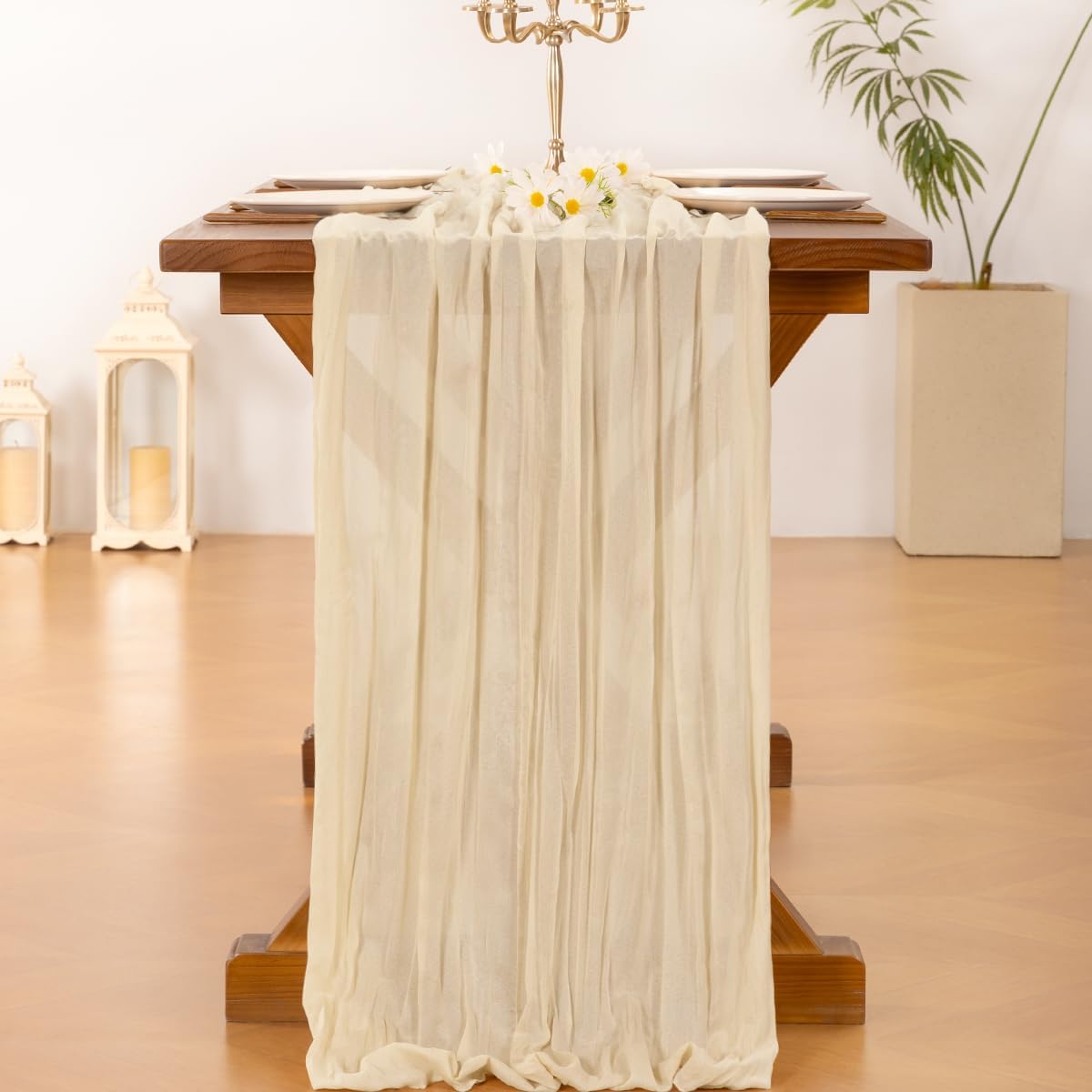 Socomi Cheesecloth Table Runner - 120 Inch Beige Boho Rustic Decor for Weddings & Events