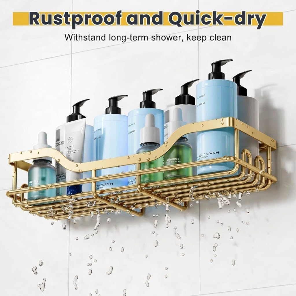 Omaira Shower Caddy - 3-Pack Rustproof No-Drill Organizer with Soap Holder | Gold Finish for Smooth Walls