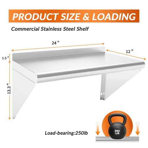 HOCCOT Commercial Stainless Steel Shelf 12 x 24” 2 Pack, Wall Mounted Food Service Storage Rack Shelves, Heavy Duty 250 lb Metal Shelf for Kitchen, Restaurant, Food Truck, Garage, Laundry Room