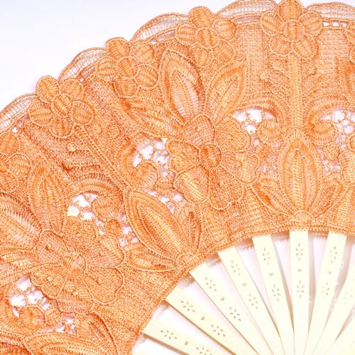 Choyaxo Cotton Lace Folding Hand Fan, Embroidered Floral Design (Orange)