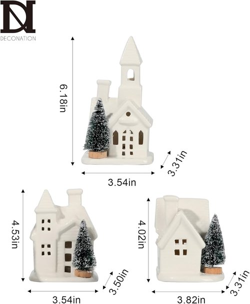 DN DECONATION Ceramic Village Houses Set - 3 White Porcelain Christmas Decor with Frosted Trees for Holiday Table Display