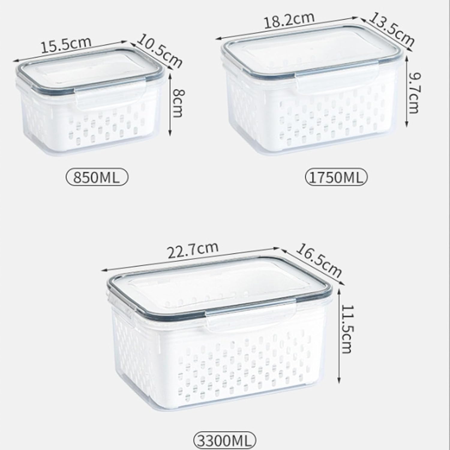 Skiennix Food Storage Containers - 4-in-1 Multipurpose with Removable Colander | Transparent Plastic, Gray (M+L)