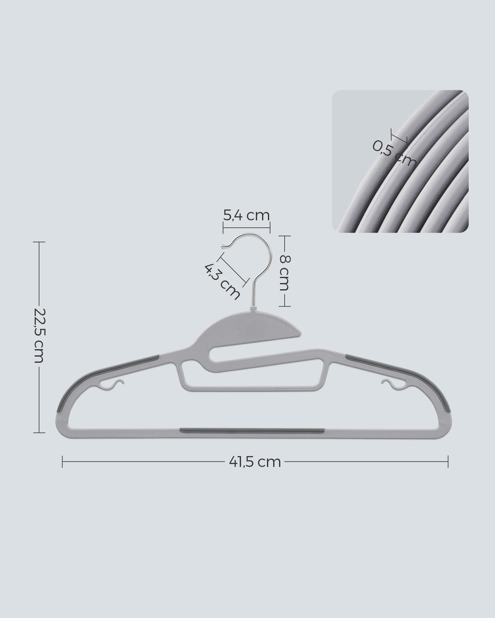 SONGMICS 50 Pack Coat Hangers, Heavy-Duty Plastic Suit Hangers, S-Shaped Opening, Space-Saving, 360º Swivel Hook, 16.3 Inches Wide, Light Gray and Dark Gray UCRP41G-50