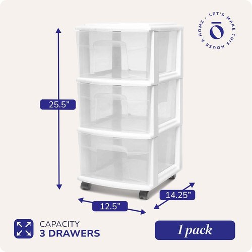 HOMZ 3-Tier Rolling Storage Cart - White Frame with Clear Bin Drawers for Home & Office Organization