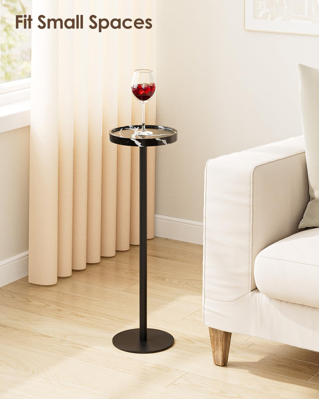 AEPOALUA Drink Table, Small Pedestal Side Table, Round Cocktail Table, Circle Accent End Table with Metal Base, for Small Spaces (1, Black Marble)