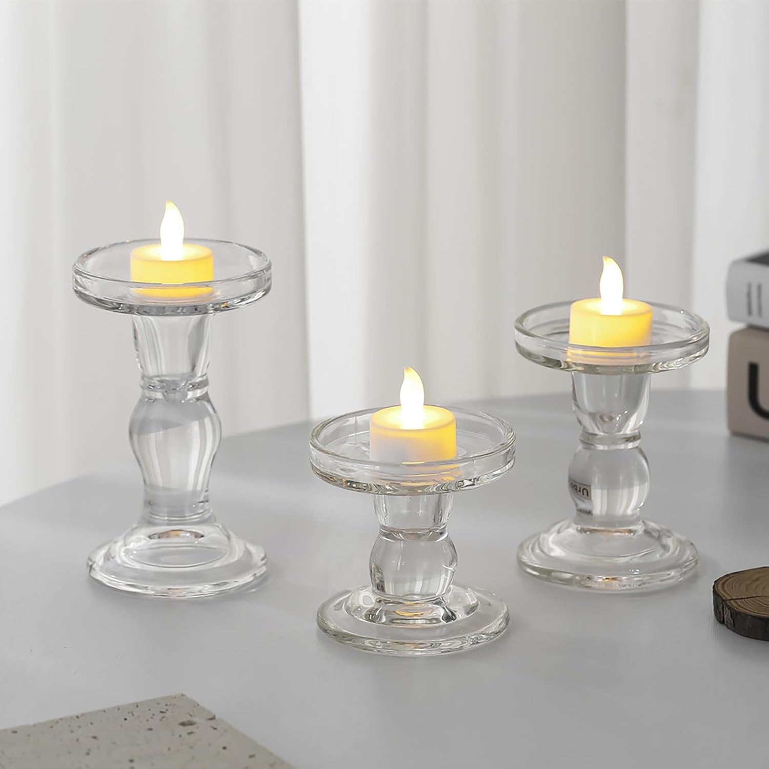 Skiennix Glass Candle Holders - Elegant 3-Piece Crystal Clear Design for Pillar & Taper Candles