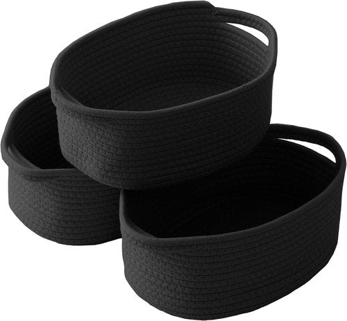 JMvicyroam Woven Storage Baskets - Small Rope Bins with Handles for Organizing Shelves | Black, 3-Pack